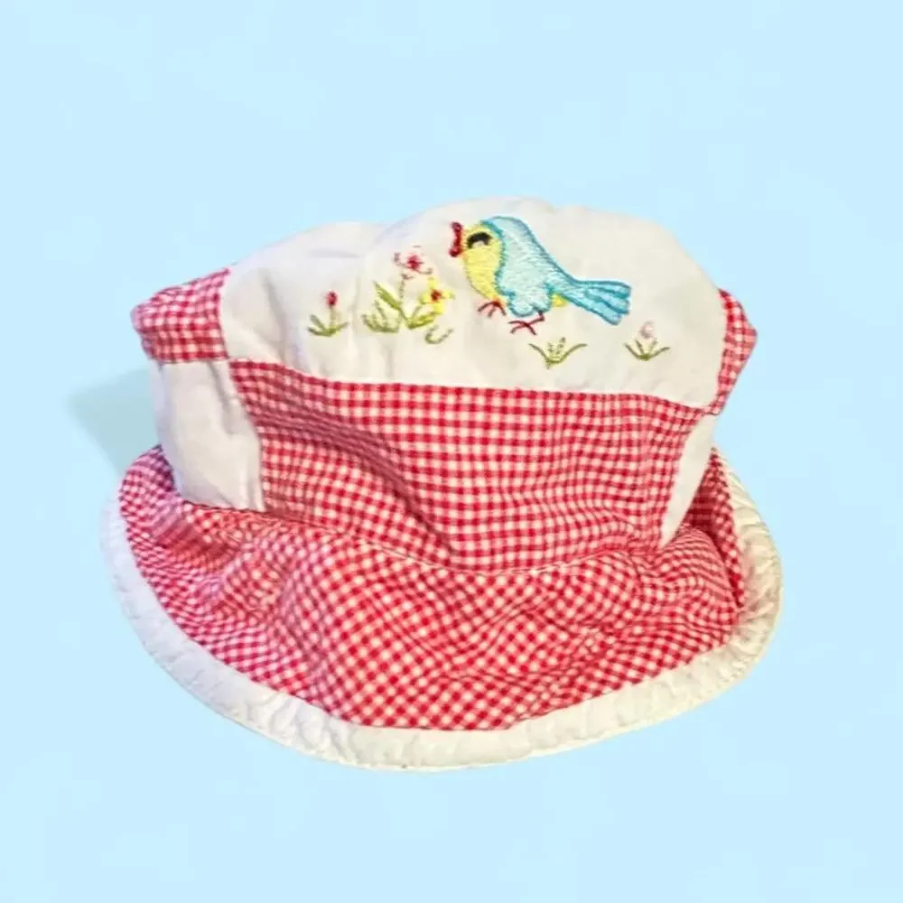 Vintage newborn red gingham w birds & flowers patchwork quilt bucket hat.